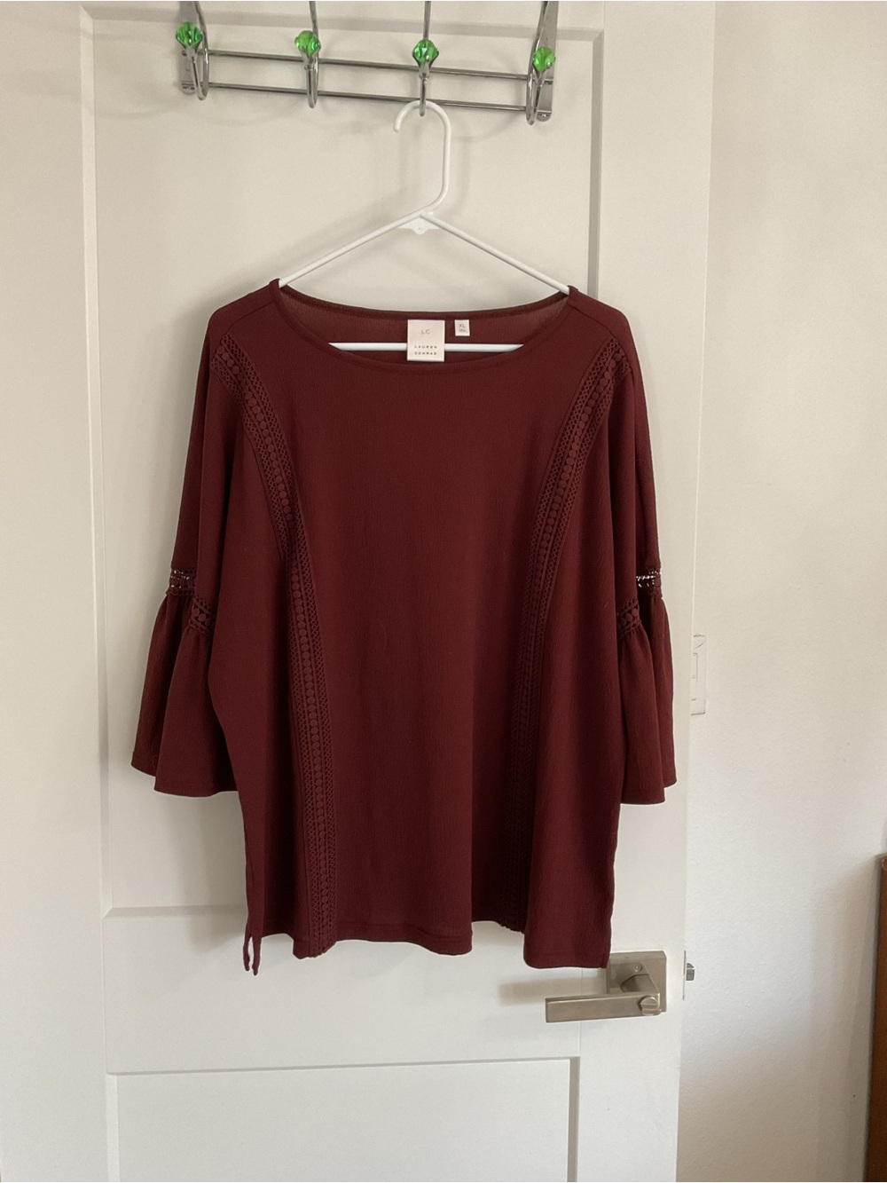 LC Lauren Conrad Burgundy Crochet-Trim Bell Sleeve Top